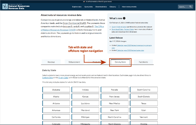 Screenshot of the Option B prototype, where the homepage tabs are the focus for the reader. In the tab section, there is a new tab after the Production tab, called “Data by State”. For the purposes of this demonstrative image, there is a red arrow pointing to a red box around the new tab with text that states, “Tab with state and offshore region navigation”.